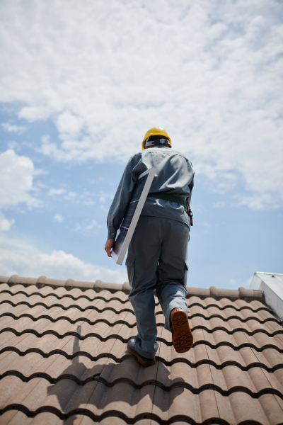 Roofing contractor walking up to check roof replacement.